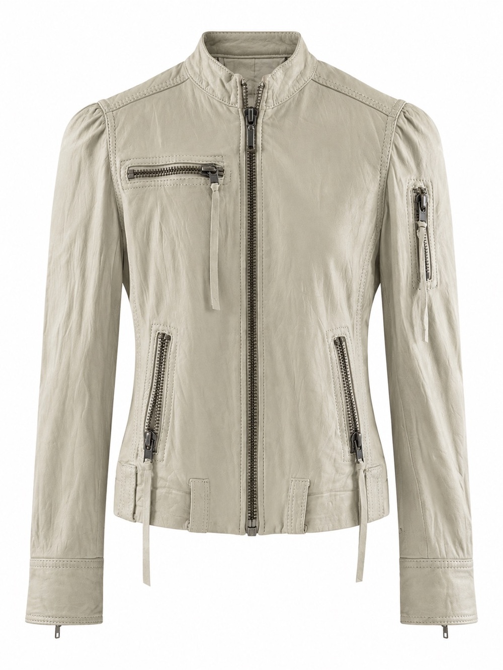 Juicy Couture Beige Leather Moto Jacket Womens Size S 100% Silk Lining